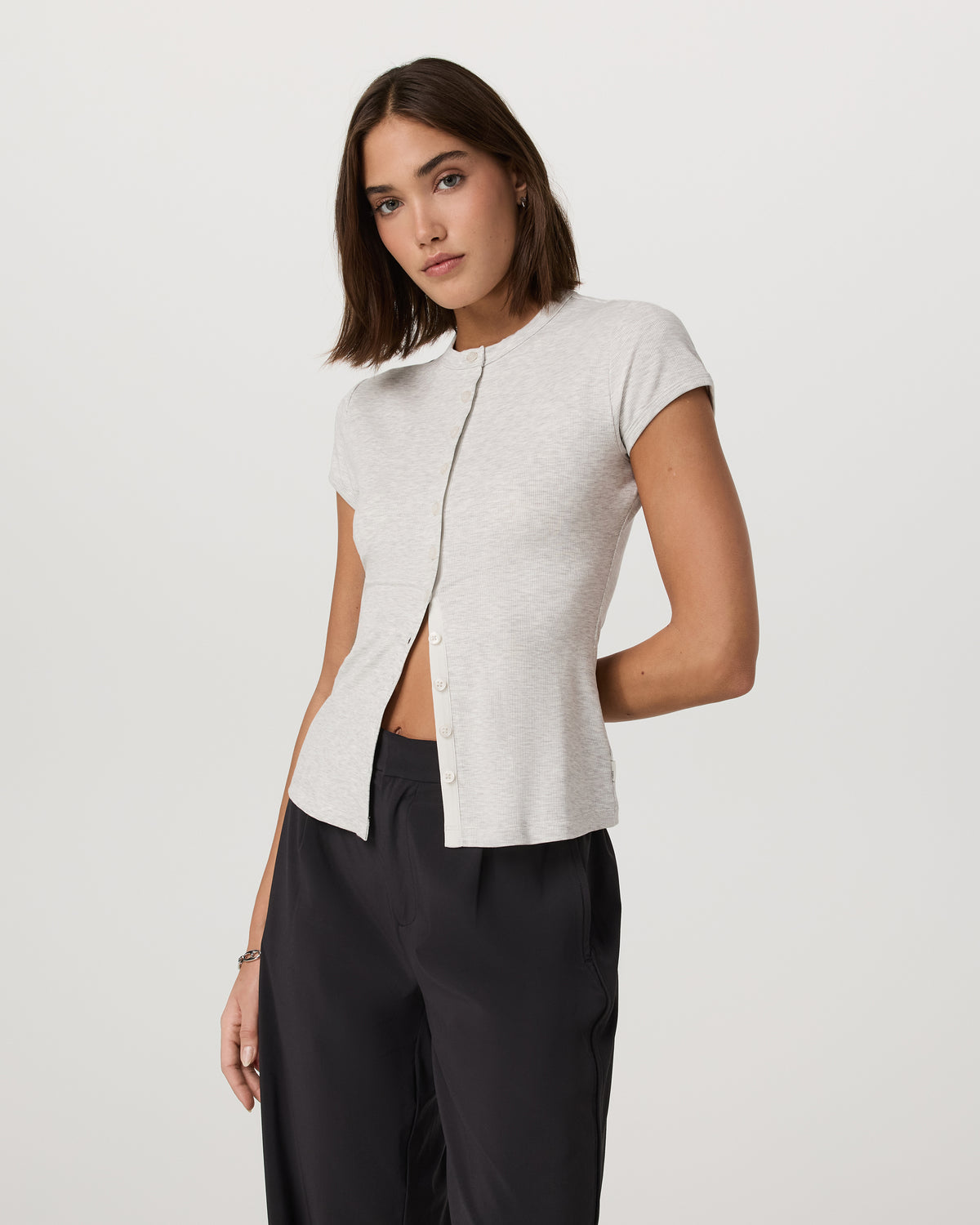 Women's Short Sleeve Pose Button Up White Heather Grey | Vuori discount - US 8274